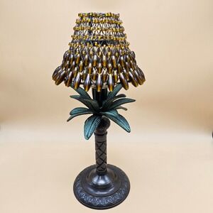 Vintage Palm Tree Candle Holder Accent Lamp Amber Beaded Shade India Home Decor